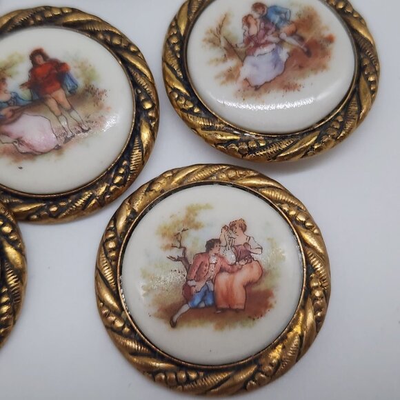 Vintage Porcelain Pendant on Brass Frame Embellishments Courting Couple Set of 8 - Picture 2 of 9